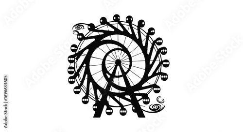 Whimsical spiral Ferris wheel with unique gondolas against a white background.