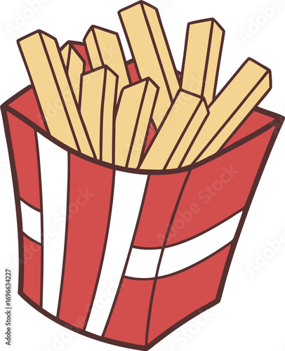 Vector art of a cartoon illustration of a red and white striped carton overflowing with golden french fries