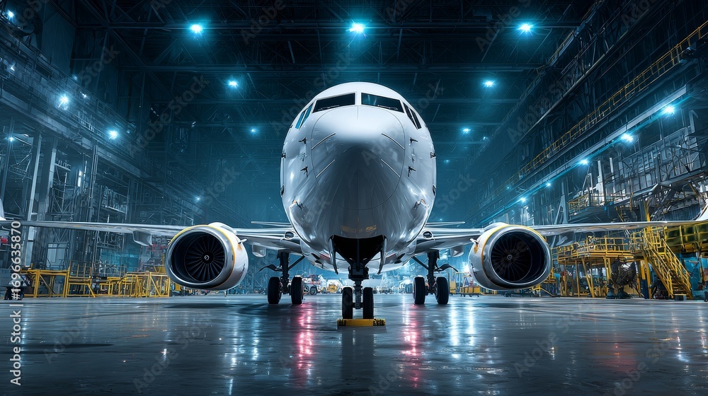 Fototapeta premium Modern Aviation Engineering Concept Showing Passenger Airplane in High Tech Aircraft Maintenance Facility