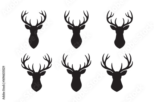 Six black silhouettes of deer heads with antlers