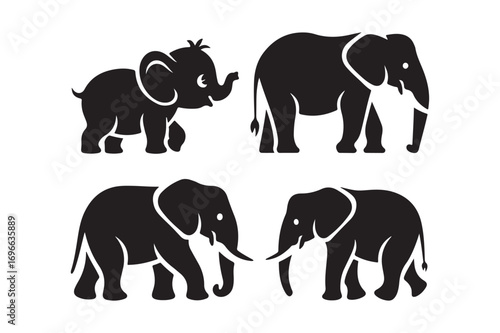 Silhouettes of four elephants in different poses