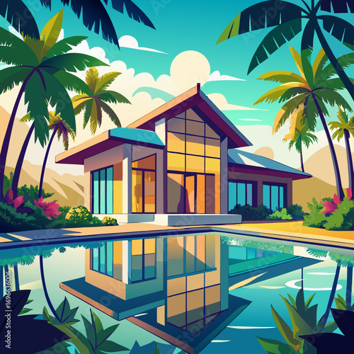 Vibrant tropical villa with pool reflections exotic palm trees sunny day illustration