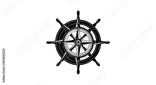 Classic ship's wheel with compass rose, symbolizing navigation and adventure.
