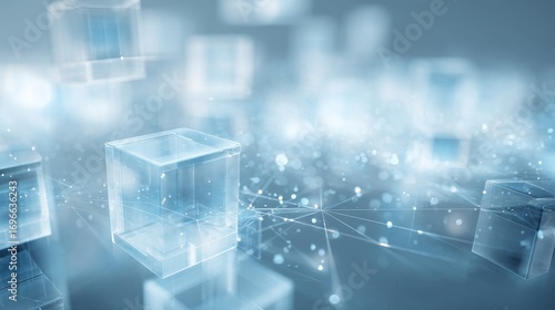 Concept of Blockchain and Data Architecture with Floating Cubic Elements and Particle Motion
