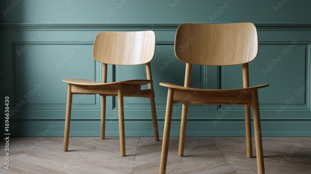 Obraz premium Two minimalist oak chairs whisper tales of Scandinavian tranquility, perfect for hygge-inspired gatherings or Midwinter reflection spaces