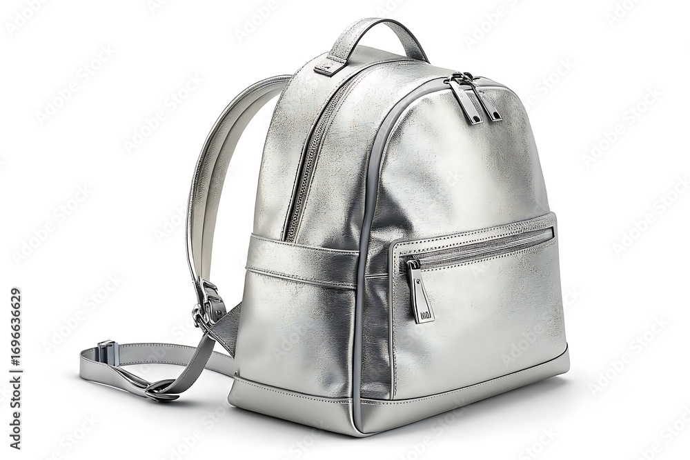 Naklejka premium Fashionable silver backpack with sparkling embellishments on a white background
