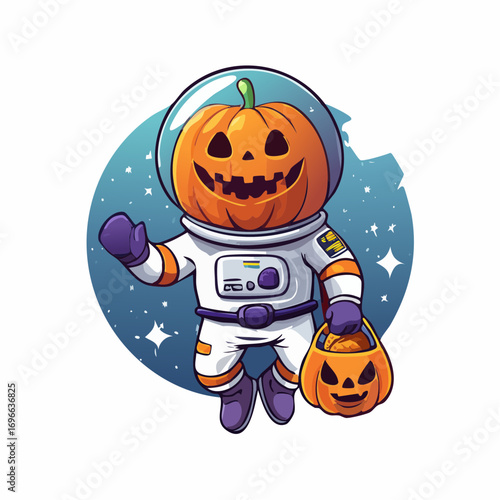 A jack-o'-lantern astronaut in space