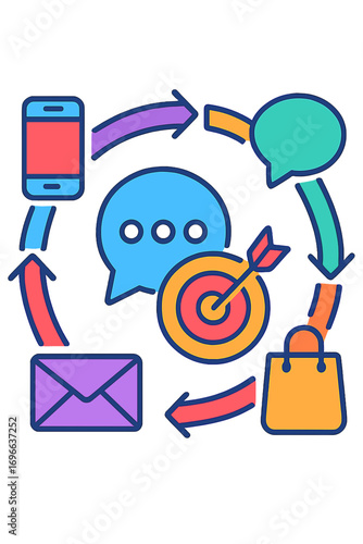 Marketing communication cycle with messaging and shopping communication strategy icons omnichannel