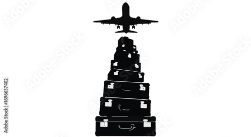 Silhouette of stacked luggage with an airplane flying overhead against a white background.