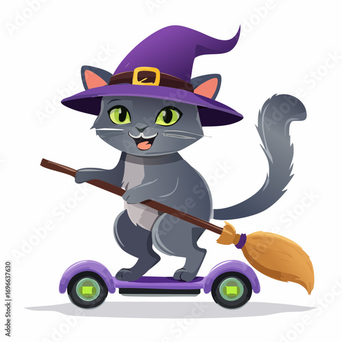 Whimsical Witch Cat on a Modern Self-Balancing Board