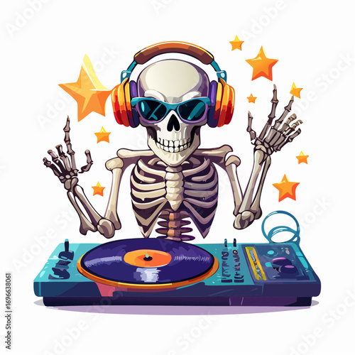 Cool skeleton DJ spinning records at a party