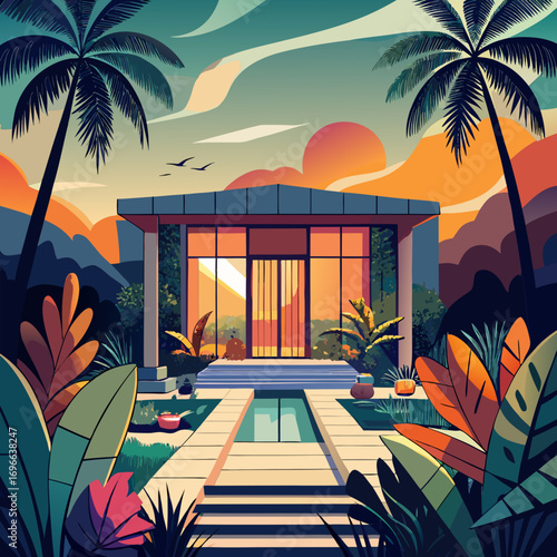 Vibrant tropical villa illustration with large glass doors and palm trees