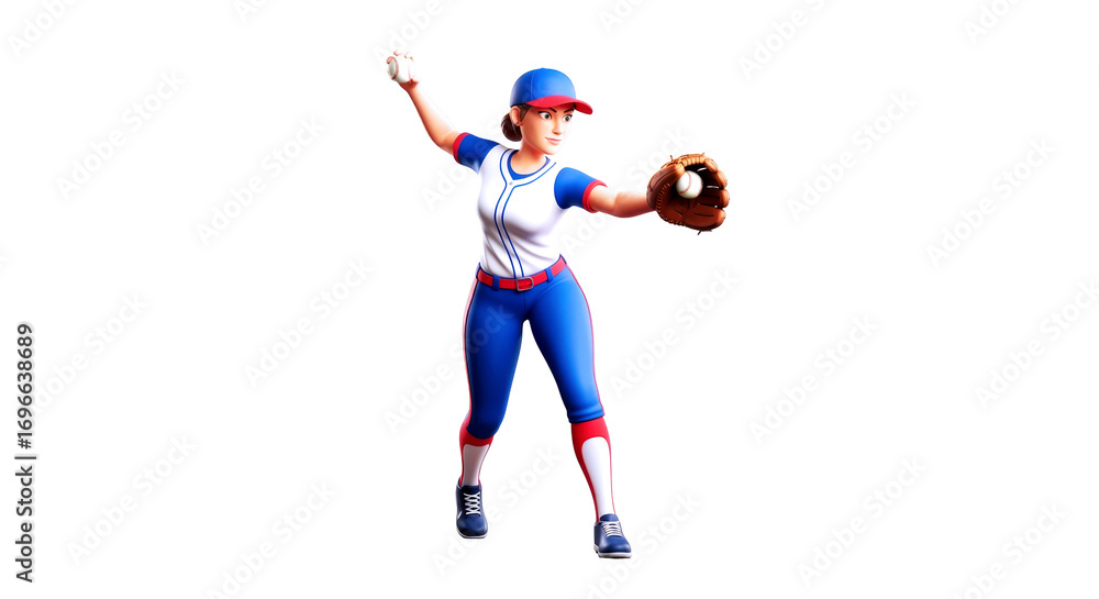 Obraz premium powerful female baseball pitcher dynamic pose, focused throw, 3d cartoon athlete, isolated on transparent background
