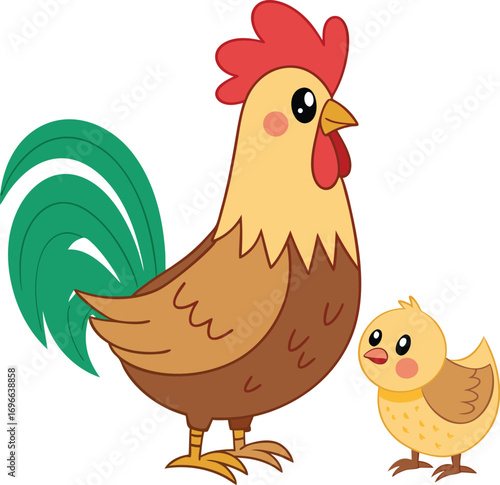 Vector art of cute cartoon rooster and chick standing together