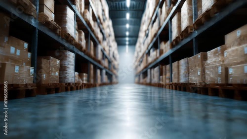 Organized warehouse aisle with tall storage shelves and bright lighting