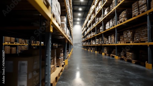 Wallpaper Mural Orderly warehouse aisle between tall storage shelves Torontodigital.ca