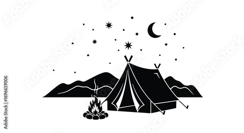 Cozy tent and campfire under a starry night sky with crescent moon.