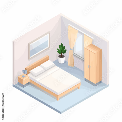 Isometric contemporary bedroom vector with bed and decor. Perfect for modern interior, home lifestyle, and cozy design projects.