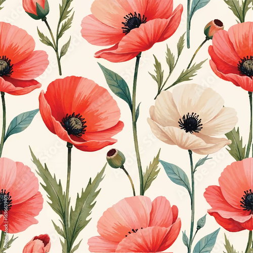 Seamless floral pattern, fabric style, hand-drawn background design 