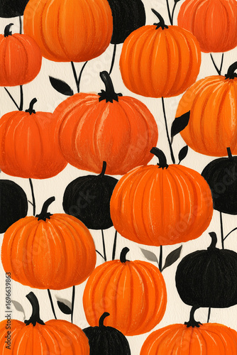 Seamless pattern of vibrant orange and black pumpkins on cream background, perfect for Halloween wrapping paper, festive fabric design, seasonal decoration or autumn harvest themed illustrations
