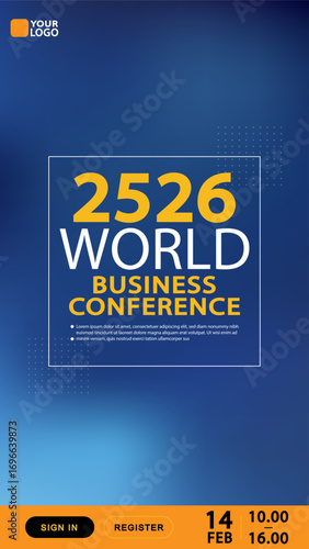 A vertical template for a World Business Conference social media story or mobile banner. This professional design is perfect for promoting a corporate event, summit, or seminar.