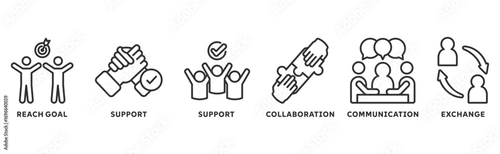 Fototapeta premium working together icon set illustration concept with icon of collaboration, reach goals, team spirit, support, communication, exchange