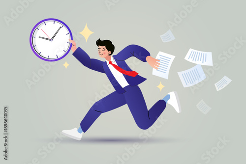 A successful businessman runs with a clock, symbolizing effective time management and productivity. This concept illustrates efficiency, meeting deadlines, and thriving in a fast-paced job.