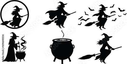 Bold silhouette of witch flying on broomstick in spooky Halloween night sky
