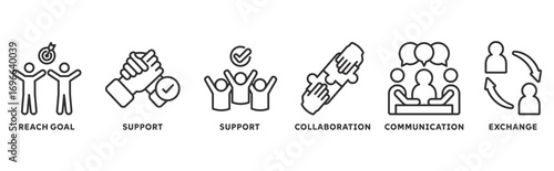 working together icon set illustration concept with icon of collaboration, reach goals, team spirit, support, communication, exchange