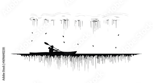 Solitary kayaker paddles through abstract rain and reflections