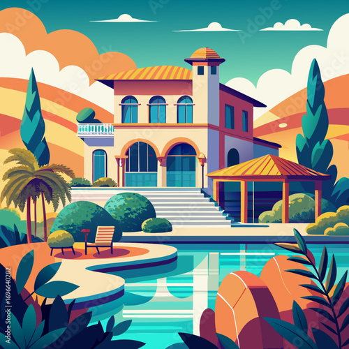 Luxury mediterranean villa estate with lush gardens and reflecting pool sunny day