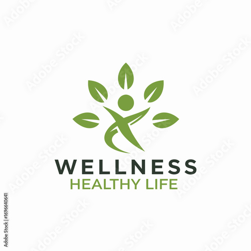 Green Wellness and Healthy Life Logo with Human Figure and Leaves