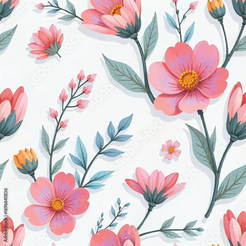 Seamless floral pattern, fabric style, hand-drawn background design 