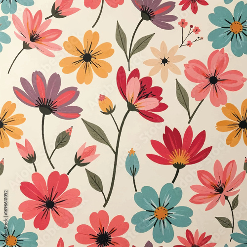 Seamless floral pattern, fabric style, hand-drawn background design 