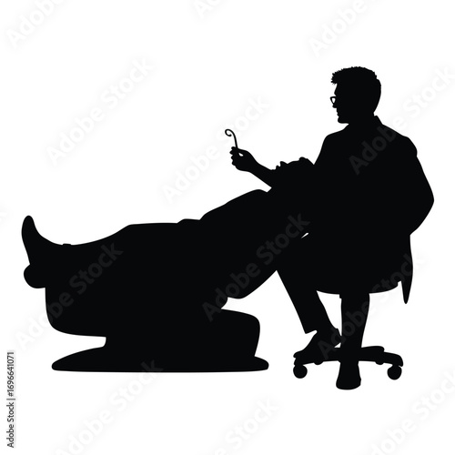 Dentist with dental tool and patient in reclining chair silhouette Keywords: dentist, patient