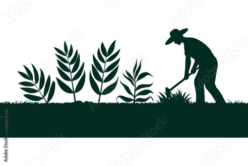 Silhouette of a farmer tending to plants in a garden, representing agriculture and nature