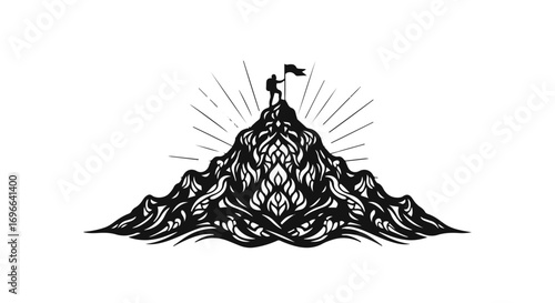 Triumphant explorer plants flag atop a majestic, stylized mountain peak under radiating light