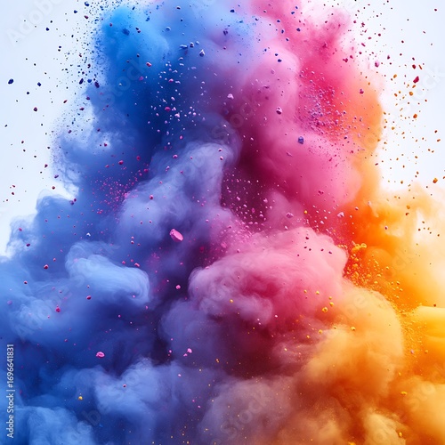 Abstract explosion of blue pink and orange powder against photo white background color