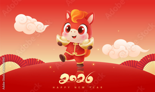Horizontal Spring Festival illustration design cartoon horse holding gold ingots