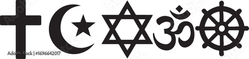 PrintCollection of major world religion symbols in black and white
