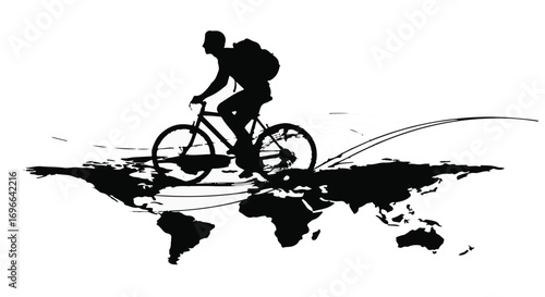 Adventurous cyclist with backpack explores the world map.