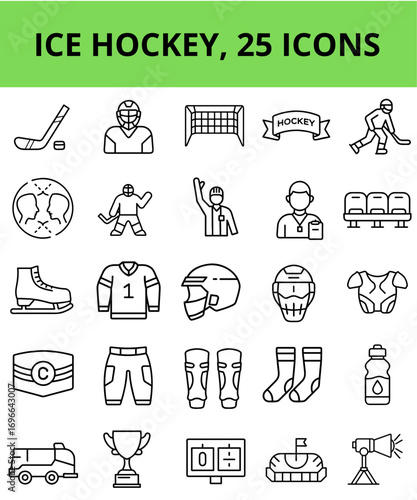 A set of 25 line art icons representing various aspects of ice hockey, including players, equipment, and game elements, suitable for sports-related designs or projects.
