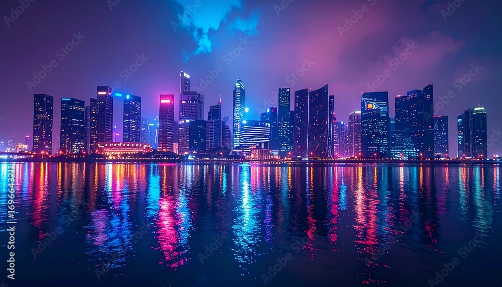 Fototapeta premium Modern urban skyline glowing at night, cinematic city view