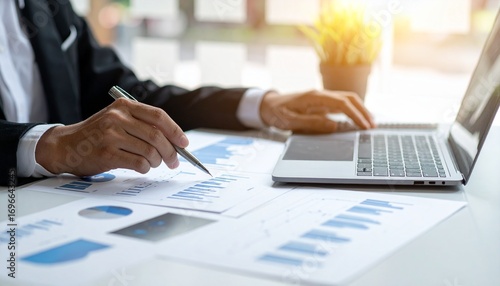 Close-up of hands calculating financial graphs and charts on a desk with laptop