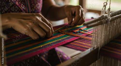 Weaving colorful threads on loom creates beautiful patterns and textures