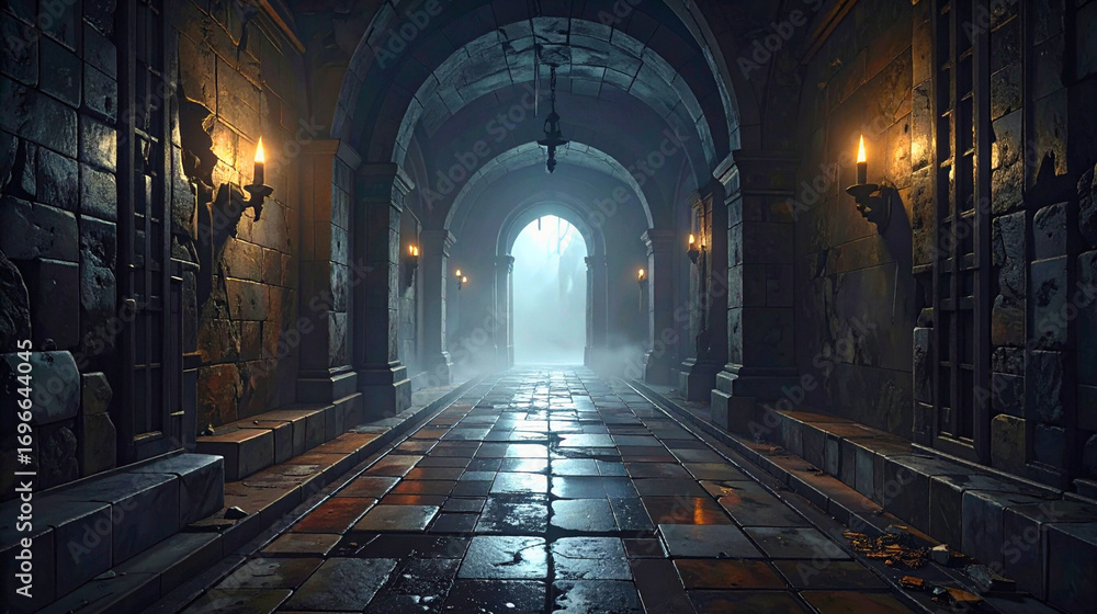 Fototapeta premium Damp Stone Floor Detail With Misty Background And Light Rays