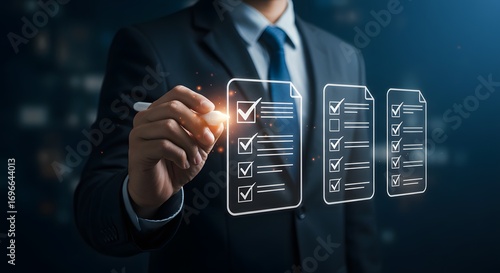 Businessman checking off tasks on a digital checklist, representing productivity and success.
