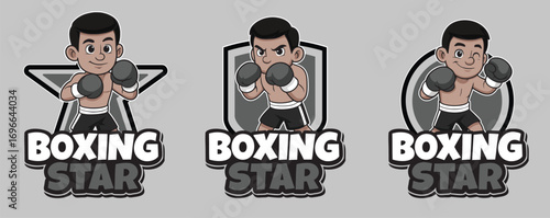 Three Cartoon Styled Boxing Logos With Determined Fighters And Bold Typography Proclaim Boxing