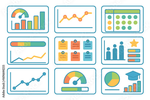 Data analysis and statistics icon set in filled style for reports and presentations