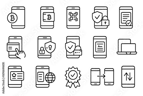 Finance and cryptocurrency outline icon set. wallet, security essentials in line art